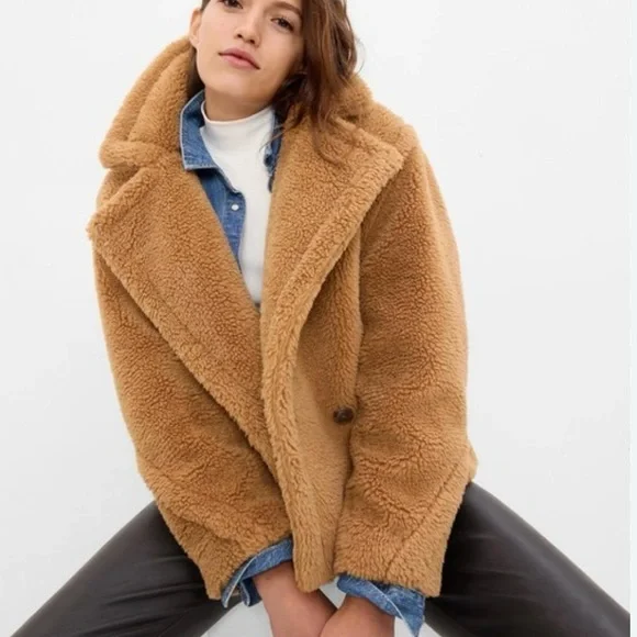 NWT GAP Sherpa Moto Jacket XS Tan - Picture 2 of 14